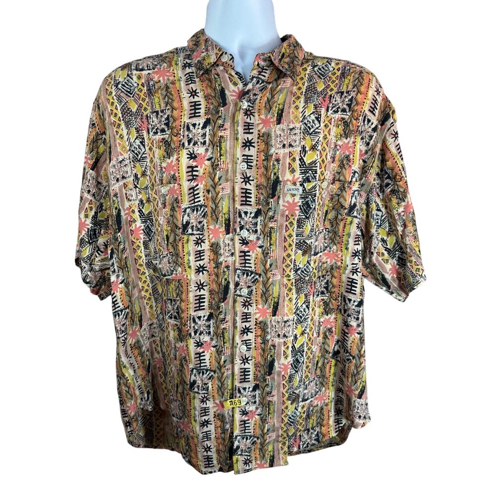 Vintage Guess Button Down Shirt Large Georges Marciano Made in USA Orange Black